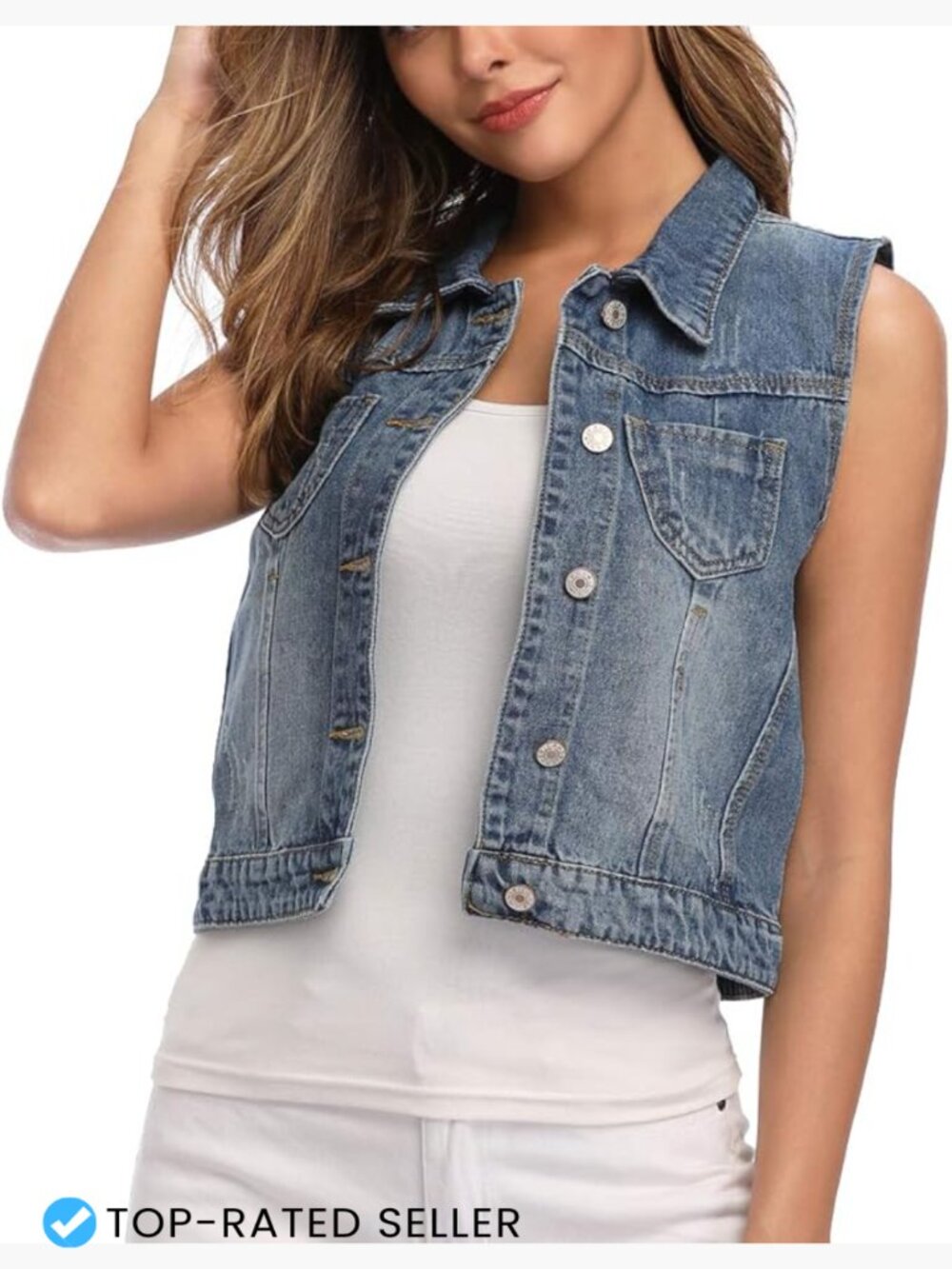 Cropped Denim Vest Womens Sleeveless Jean Jacket Vintage Y2K Button Up